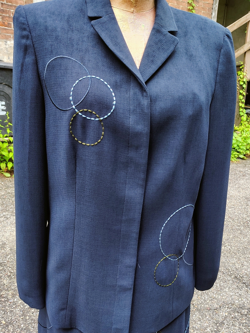 Women's Navy Blazer Jacket and Skirt with Subtle Stitched Circle Detail